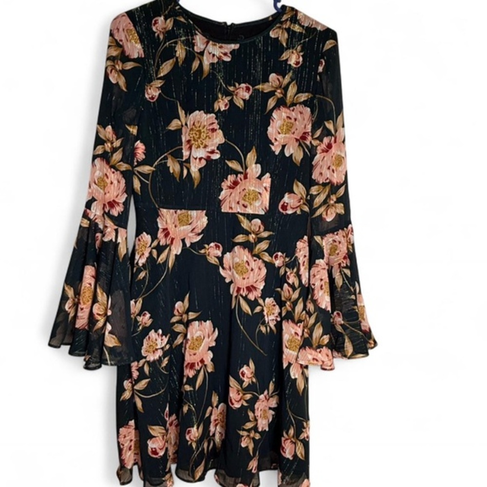 Donna Morgan Black and Pink Floral Long Sleeve Dress